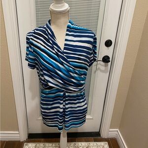 DKNY Blue and White Striped Wrap Blouse